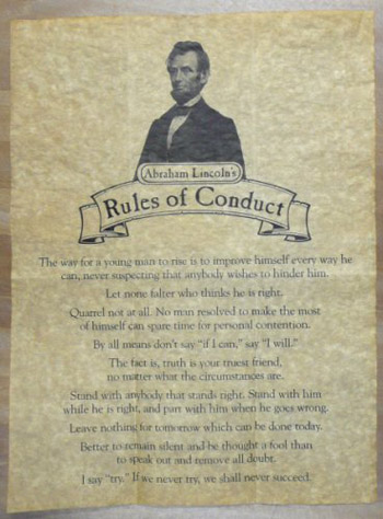 Lincoln's Rules of Conduct antiqued parchment replica document